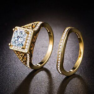 💝 Attractive 18K Gold Plated CZ Wedding Couple Ring, FB16FA1032